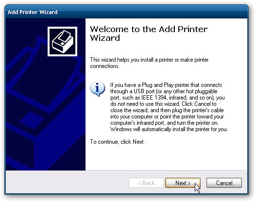 cửa sổ Add Printer Wizard