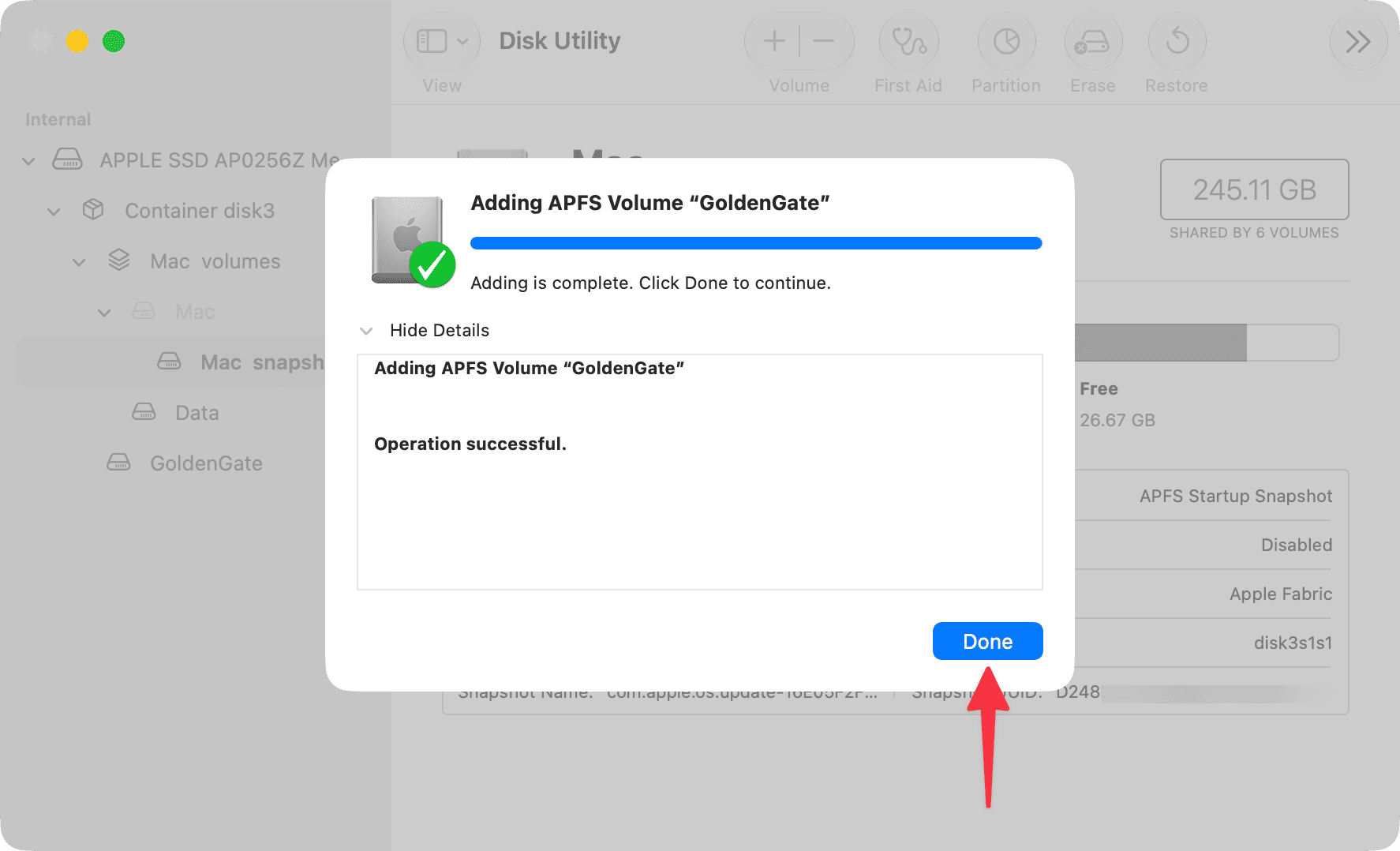 APFS volume added successfully on mac