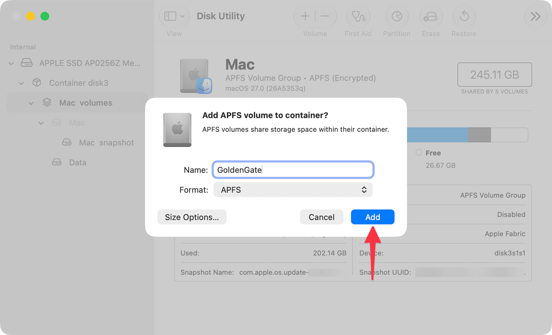 Add APFS volume to container on mac in disk utility