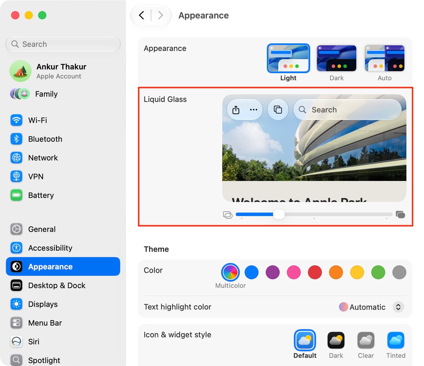 Adjusting Liquid Glass intensity on MacBook in macOS 27 Golden Gate