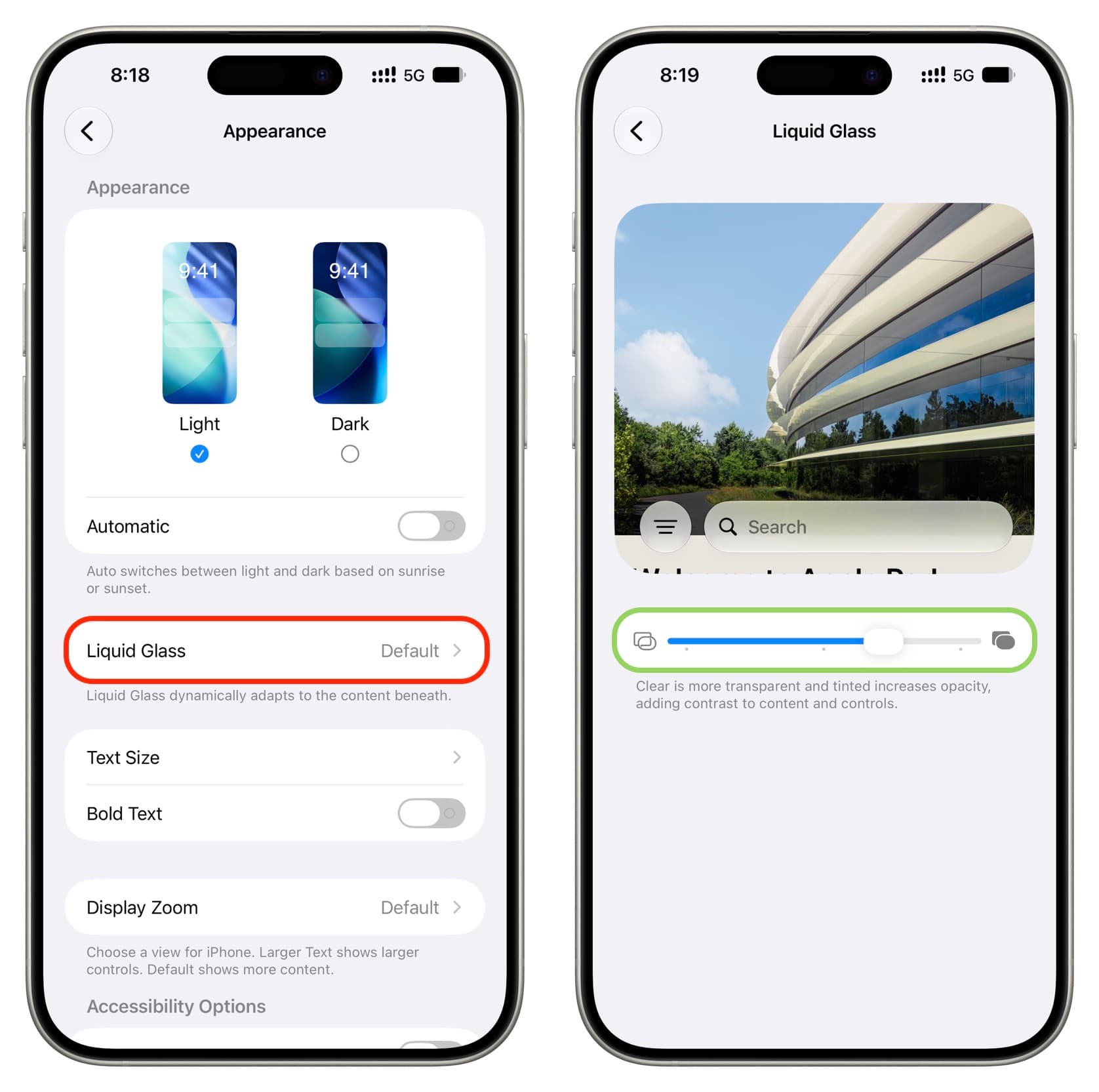 Adjusting Liquid Glass level on iPhone in iOS 27