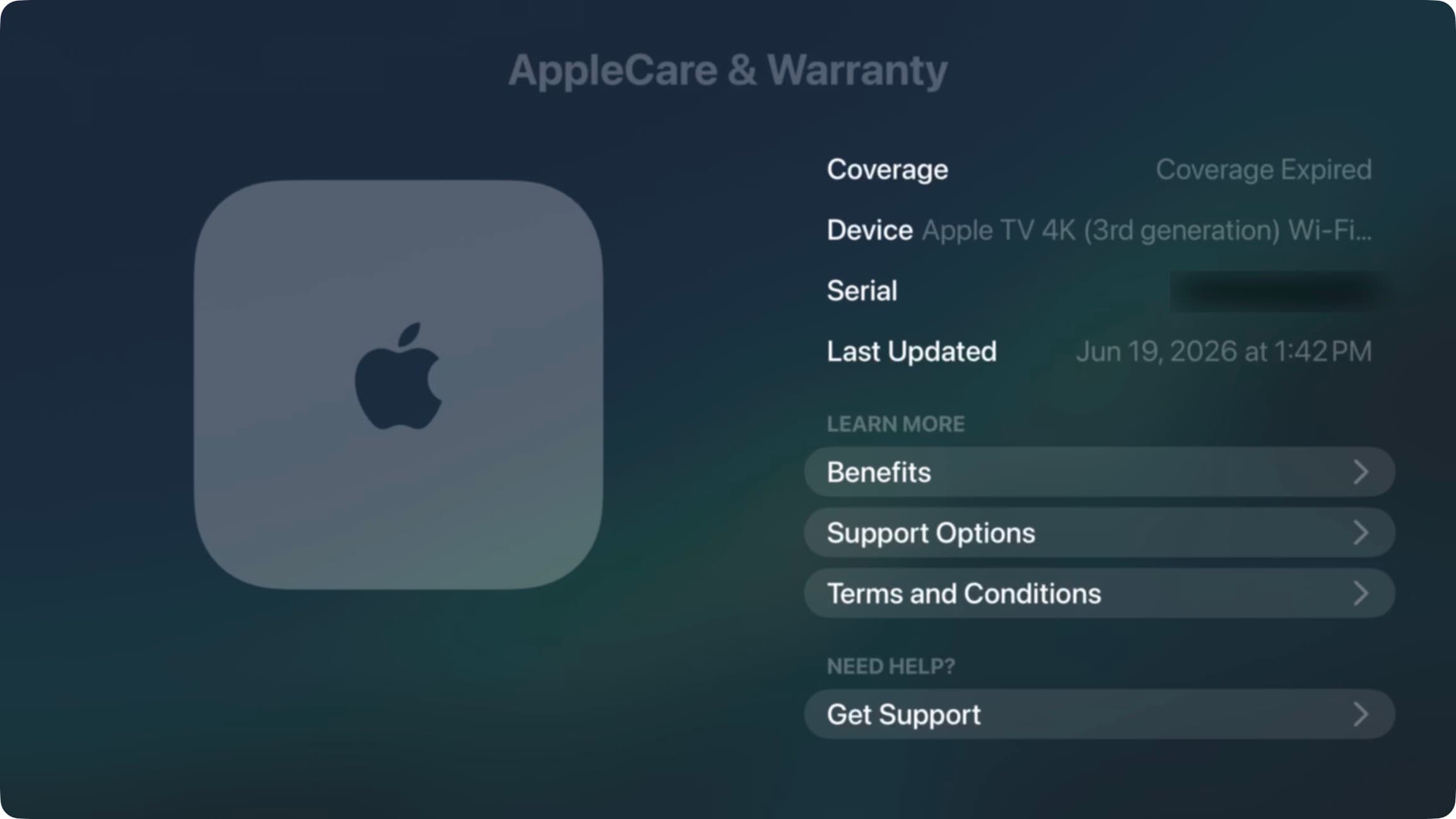 AppleCare & Warranty option in Apple TV settings