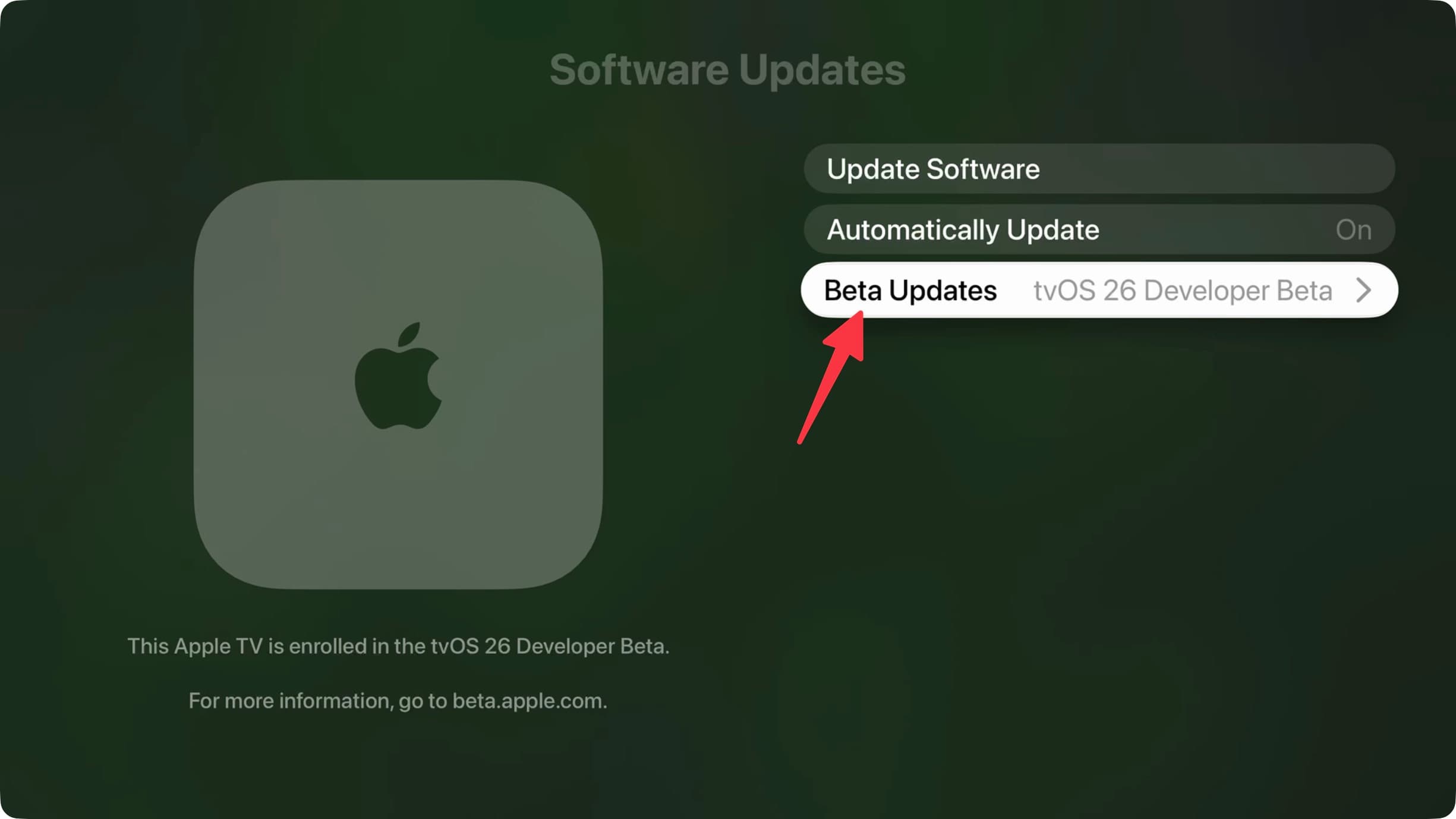 Beta Updates in Apple TV software update screen