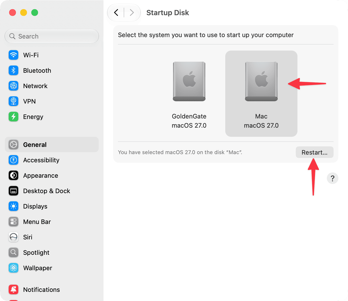 Choosing a disk in Mac System Settings