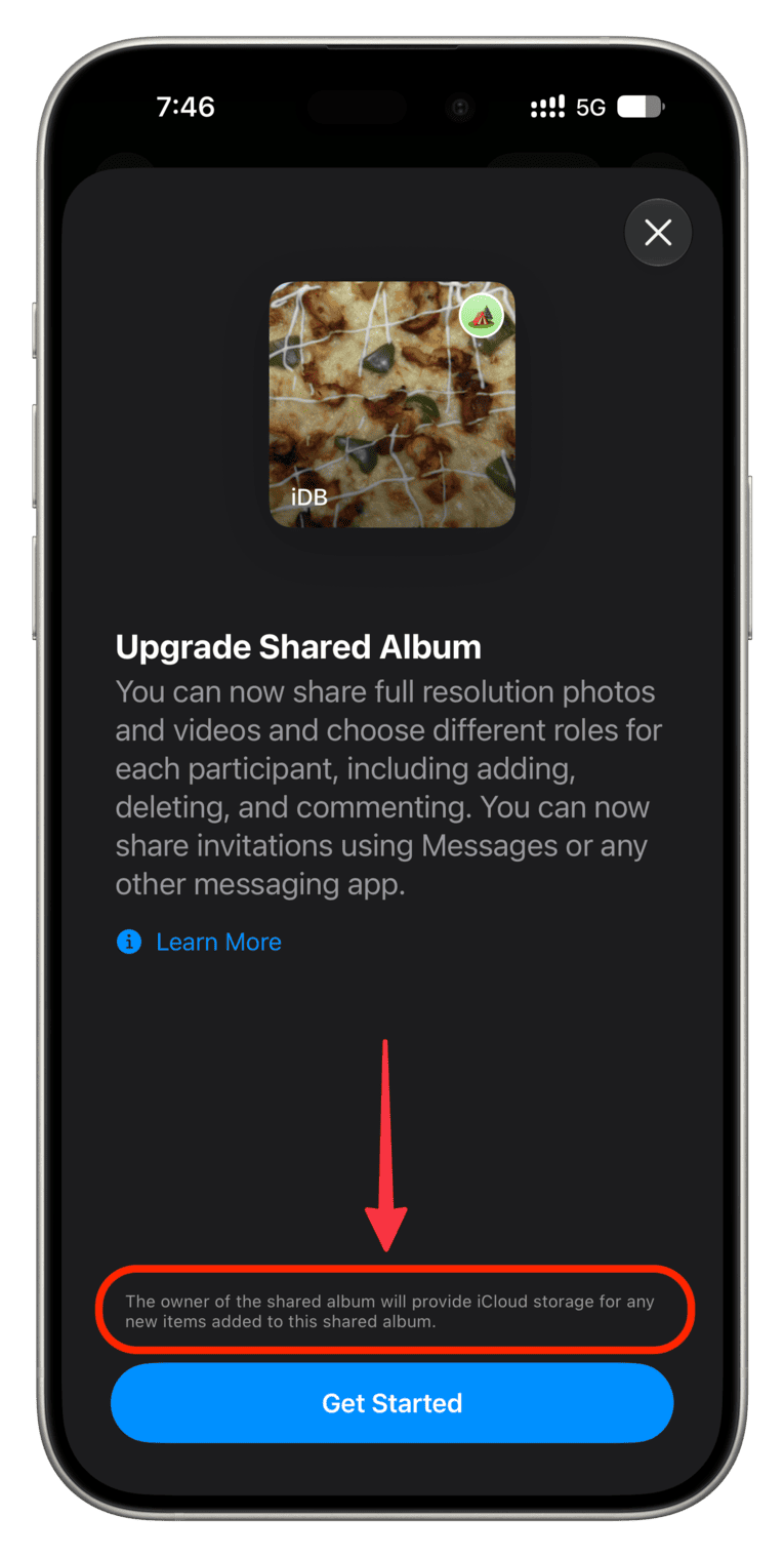 Disclaimer about shared icloud album counting against iCloud space