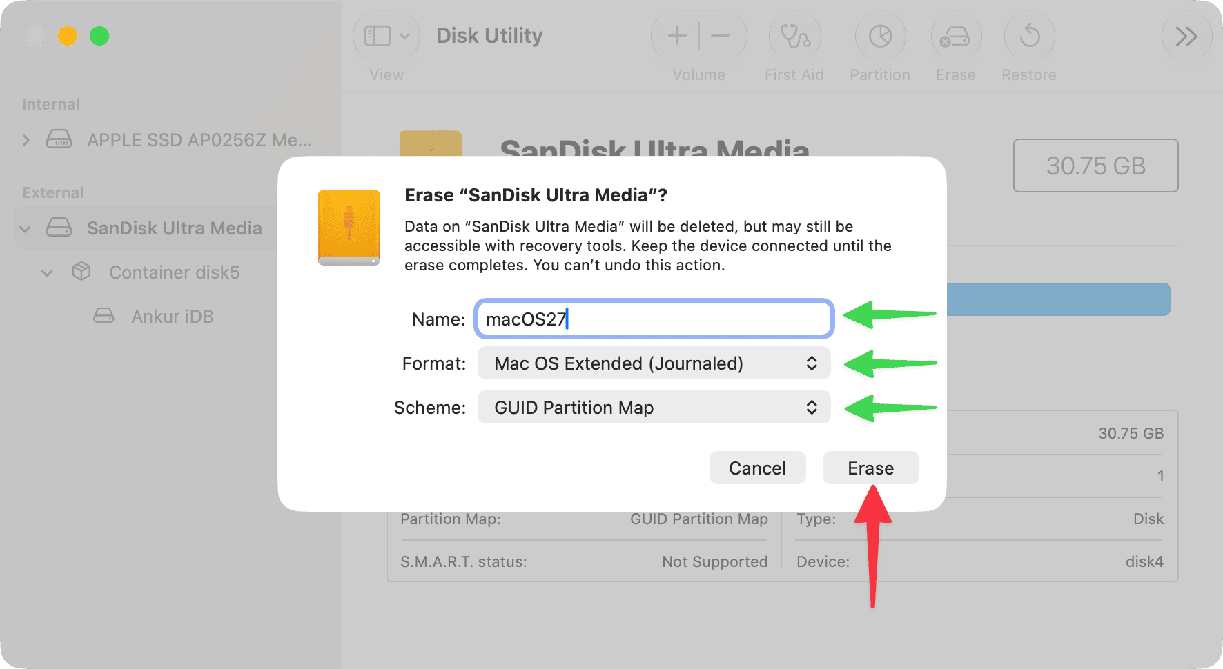 Erasing USB drive for bootable macOS 27 installer