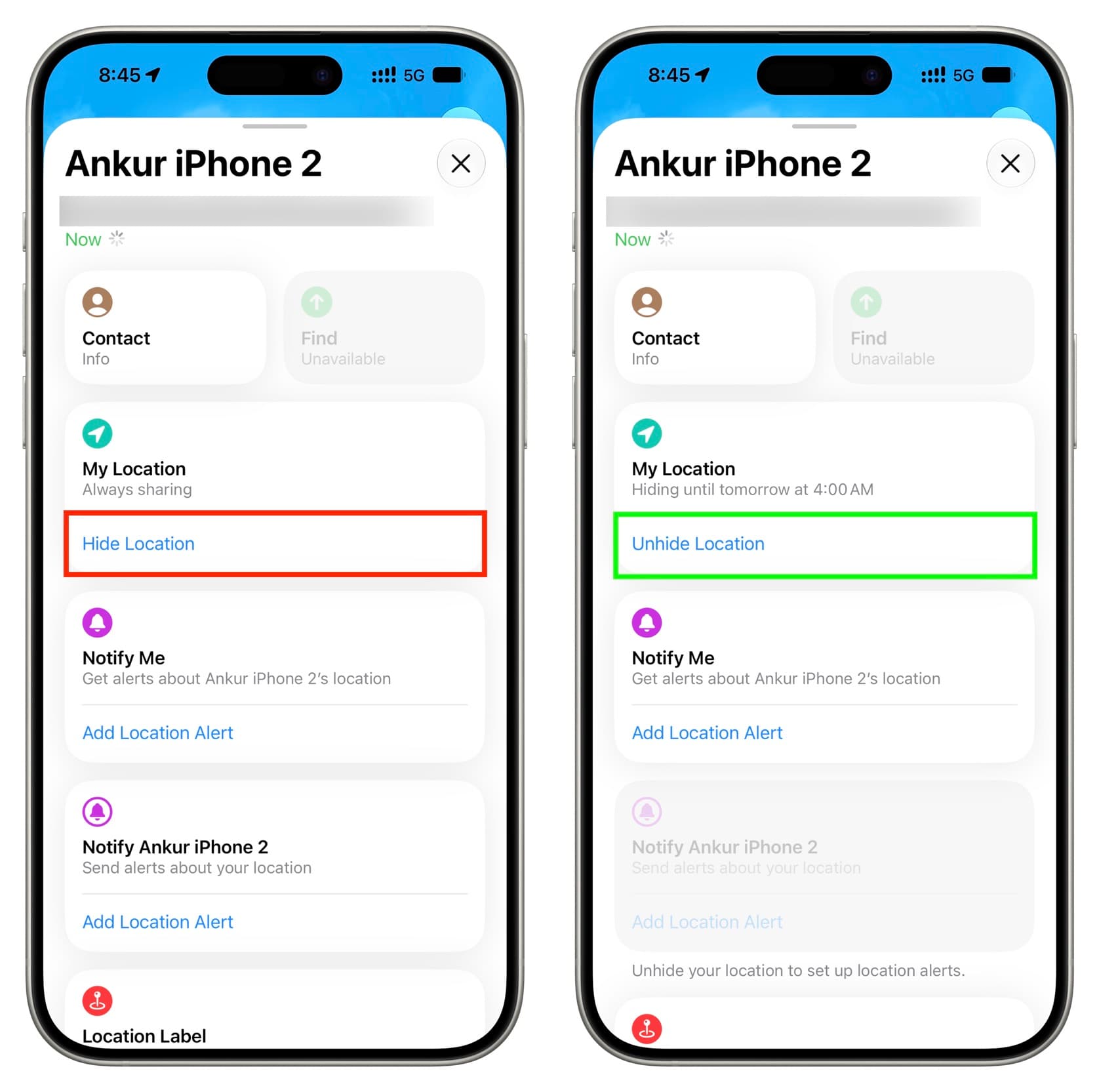 Hide and Unhide Location in Find My on iPhone