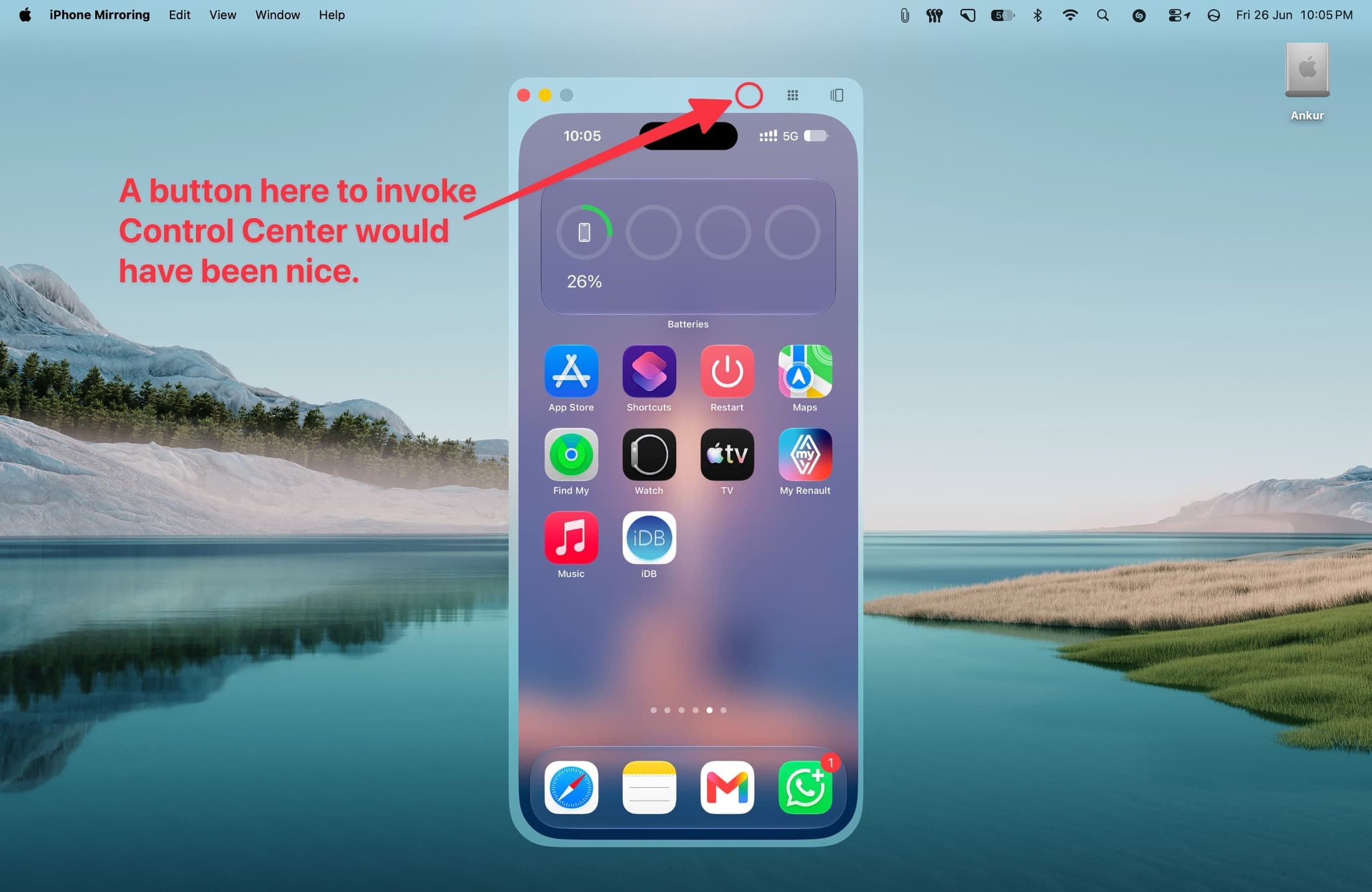Hoping for a button to invoke Control Center in iPhone Mirroring