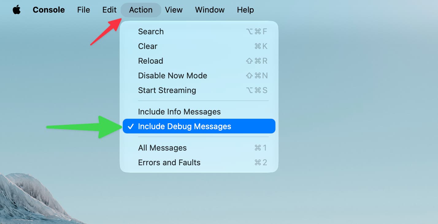 Include Debug Messages in Console app menu