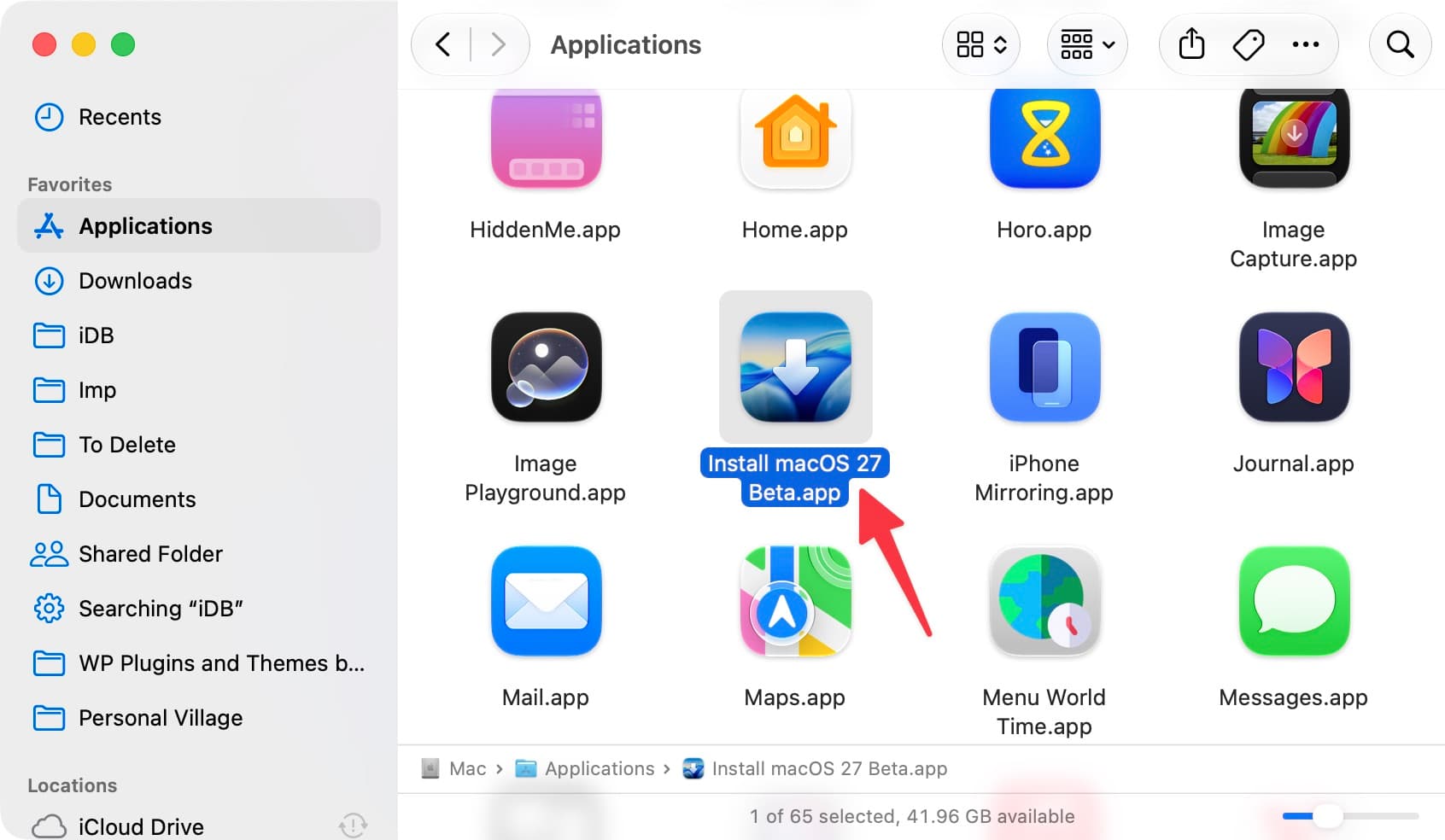 Install macOS 27 app in Mac Applications folder