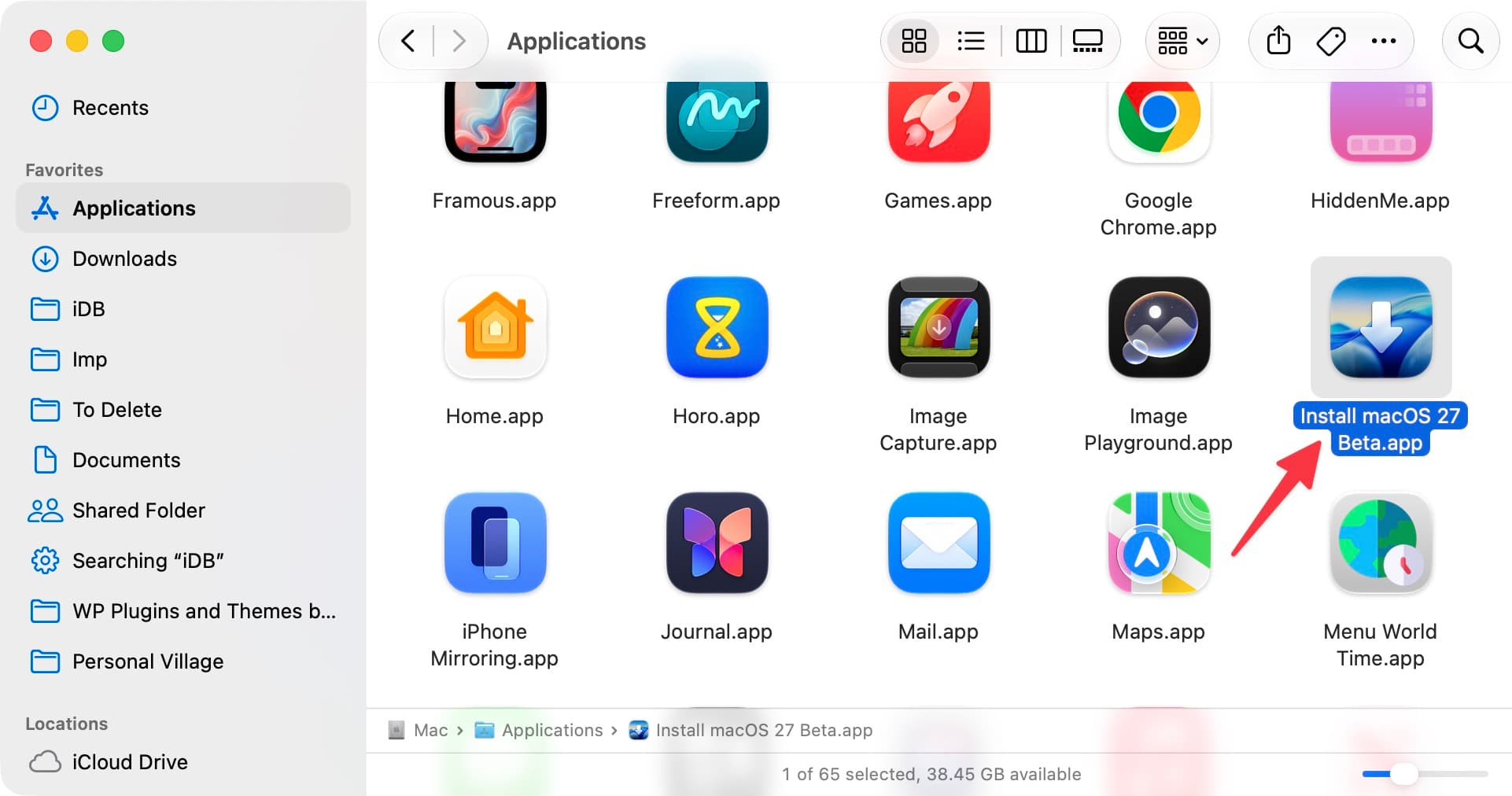 Install macOS 27 app in Mac Applications folder