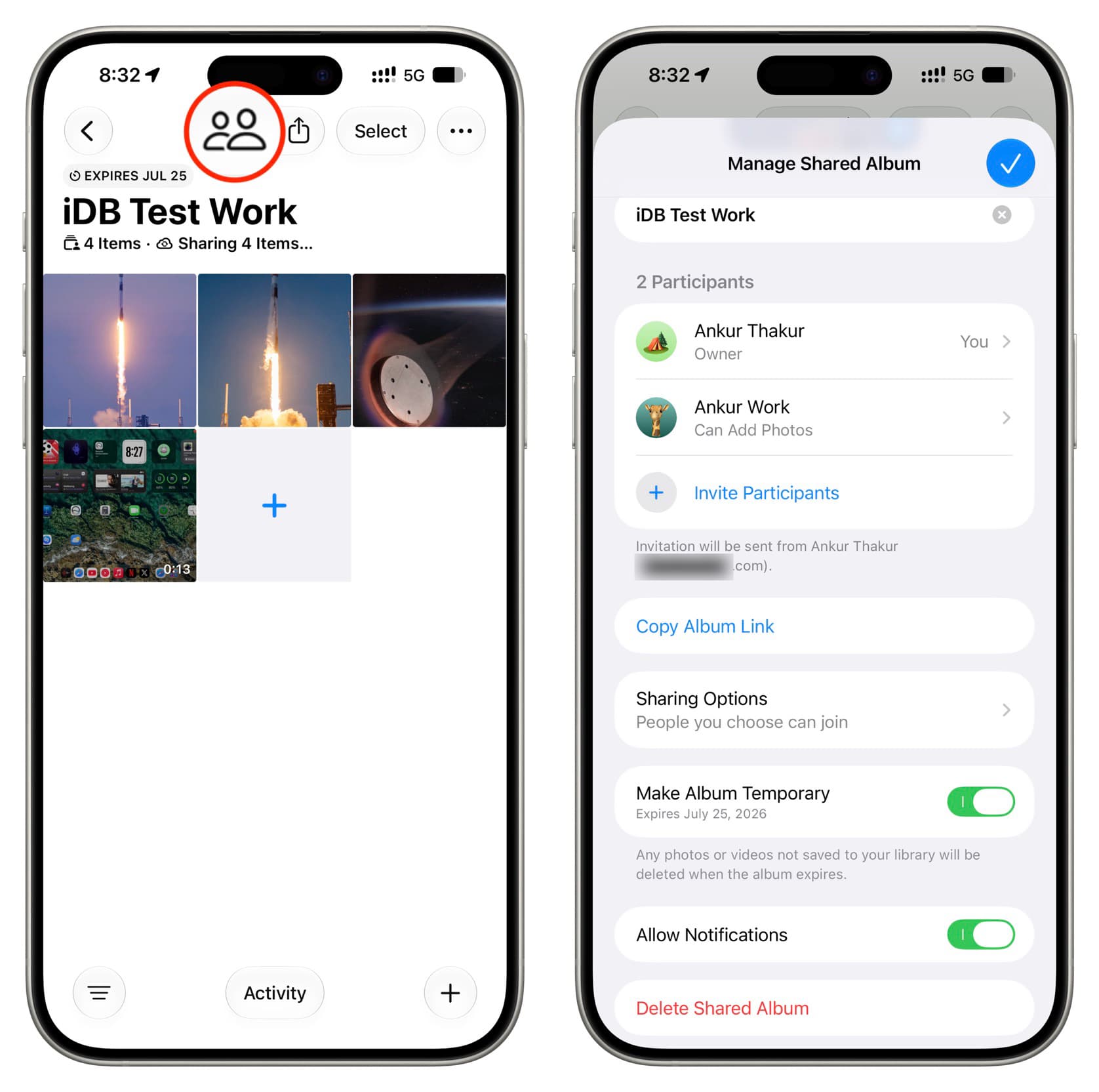 Managing temporary iCloud shared photo album