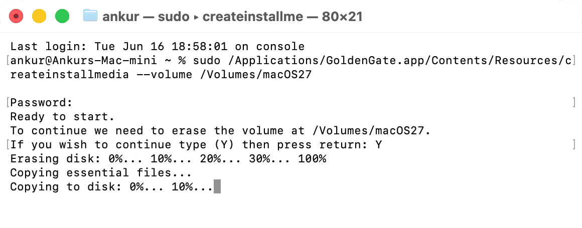 Ongoing process in Terminal to create macOS 27 Golden Gate USB bootable installer