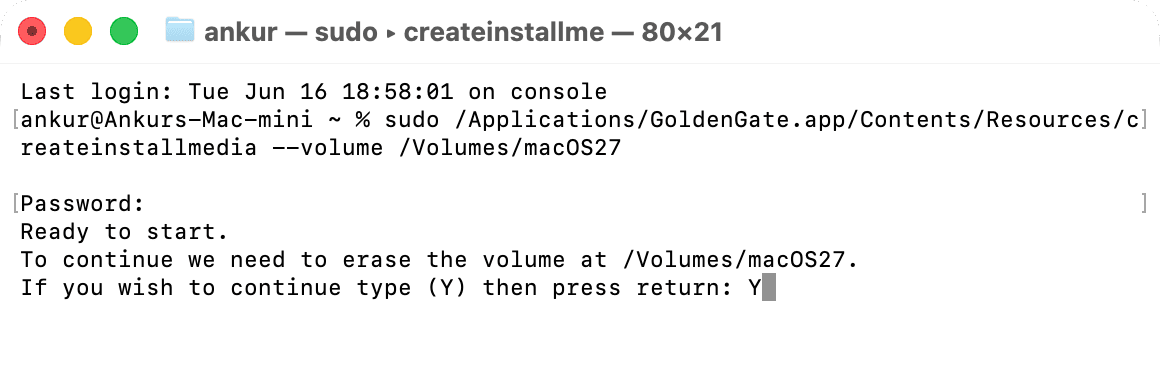 Press Y to start process of turning USB drive into macOS 27 installer
