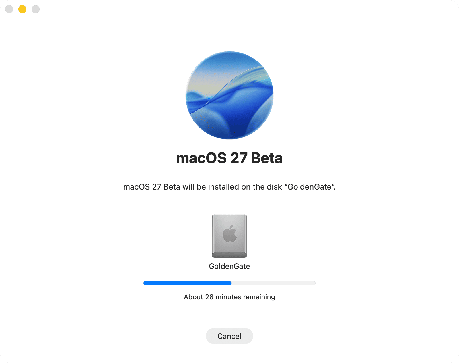 Progress bar showing macOS 27 Golden Gate installation