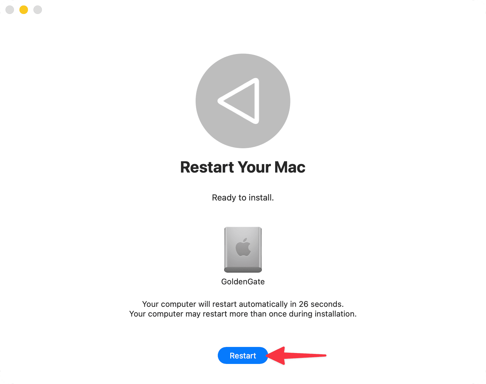 Restart Your Mac to start installing macOS 27 Golden Gate