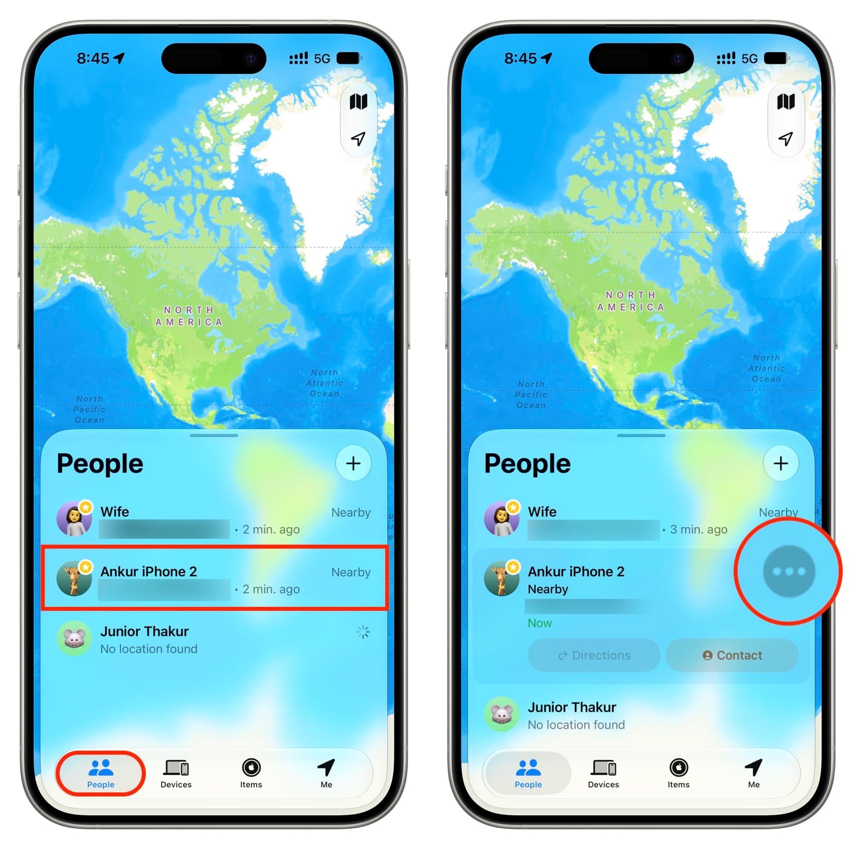 Select a person in iOS 27 Find My and tap menu icon