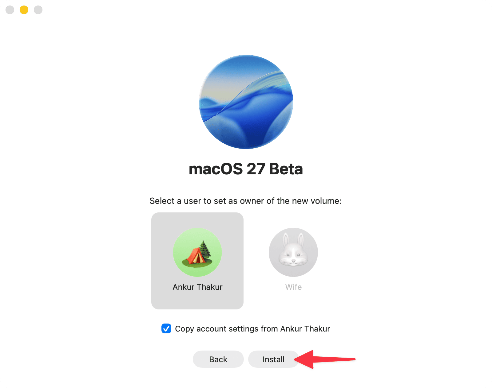 Select a user to set as owner of the new volume for macOS 27