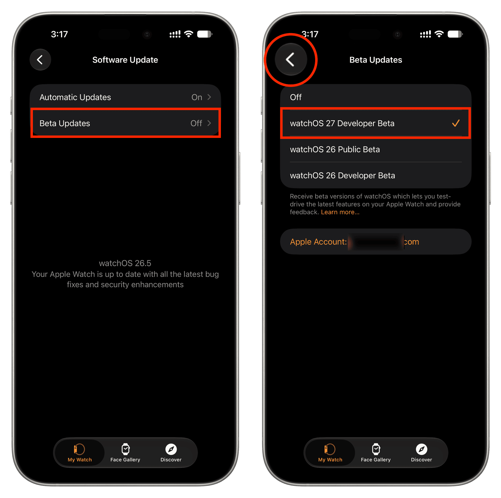 Select watchOS 27 Developer Beta in iPhone Watch app