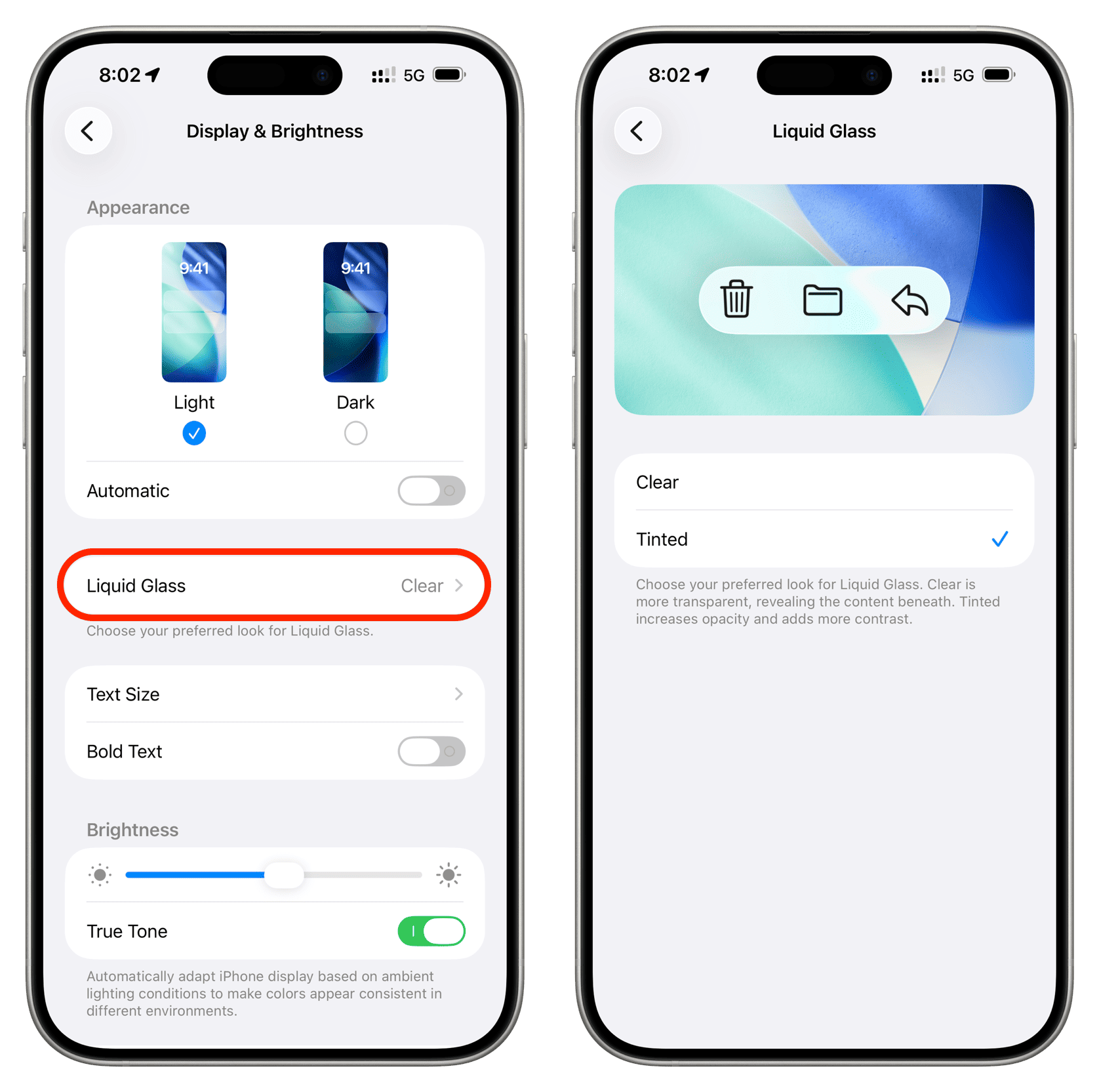 Selecting Tinted Liquid Glass style on iPhone