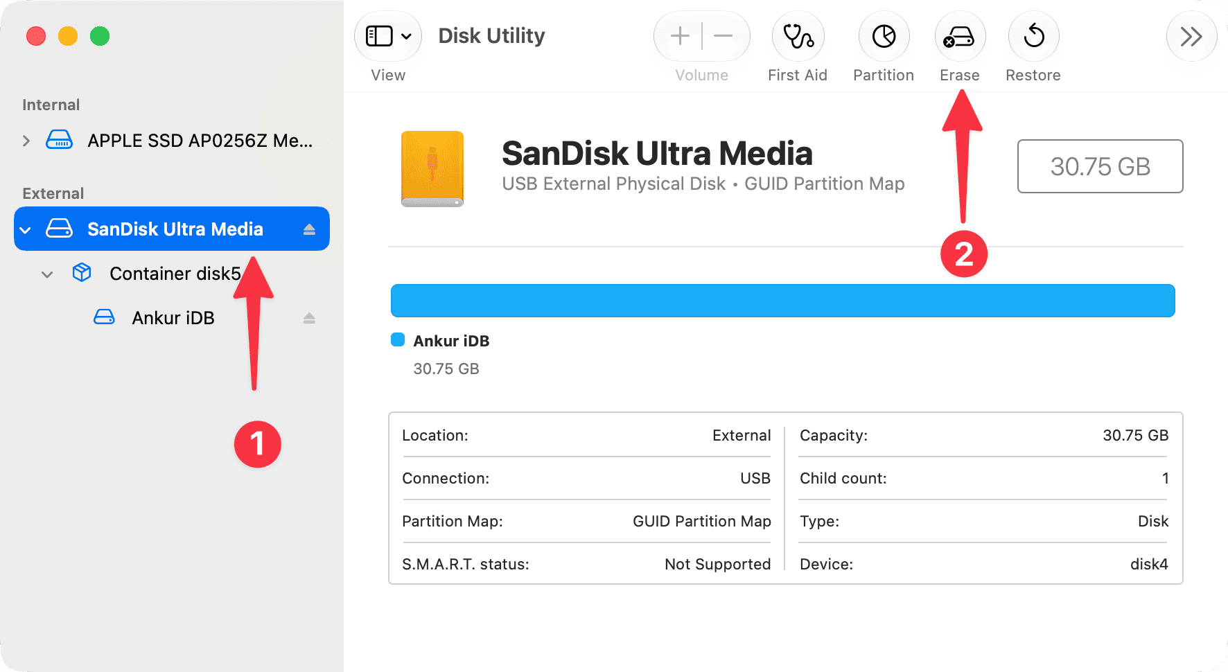 Selecting USB drive in Disk Utility and clicking Erase