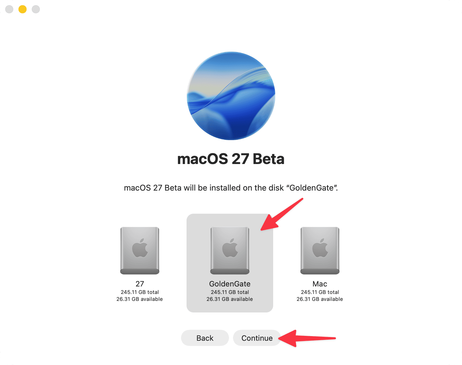 Selecting different disk to install macOS 27 Golden Gate on Mac