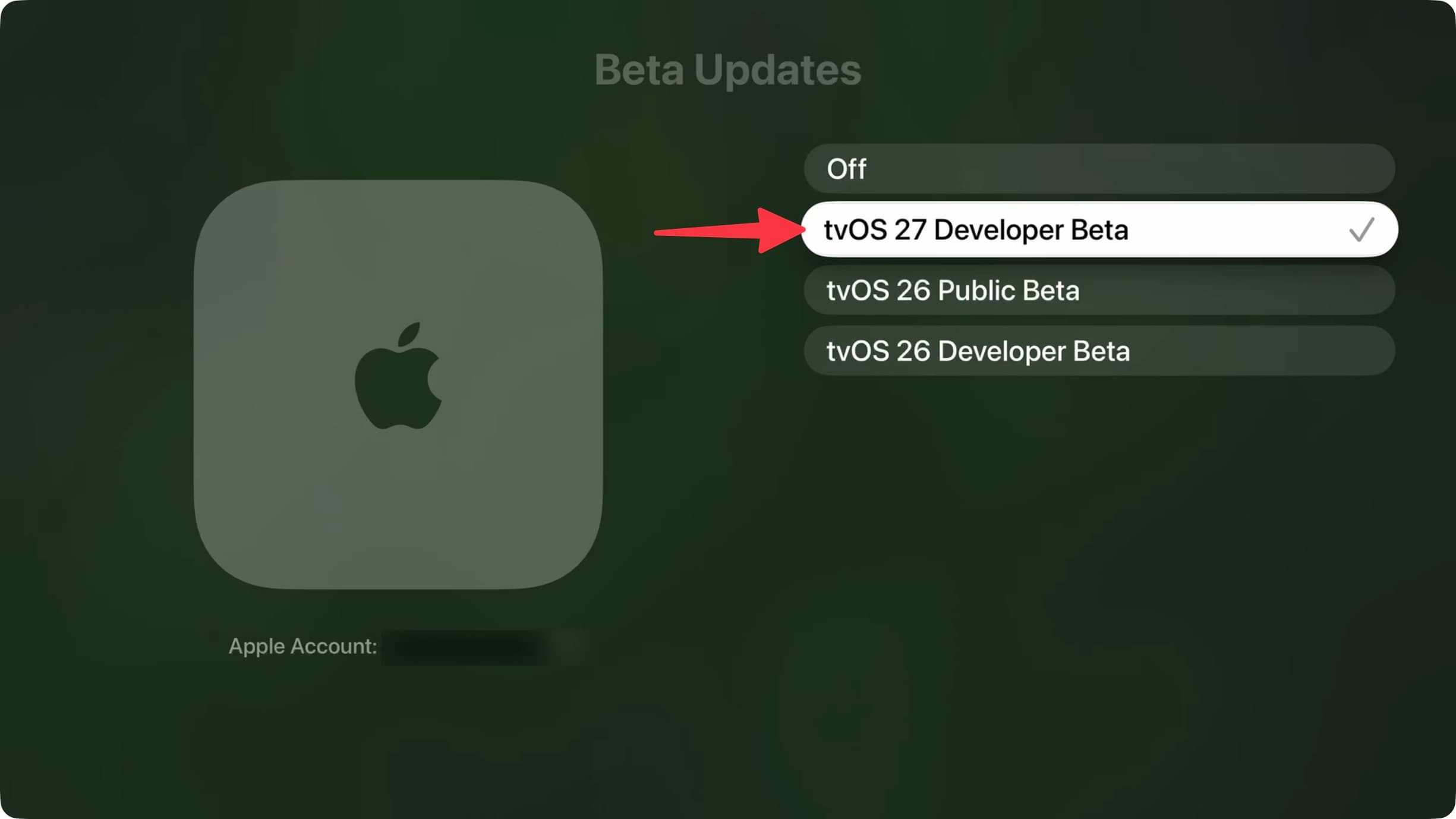 Selecting tvOS 27 Developer Beta in Apple TV software update settings
