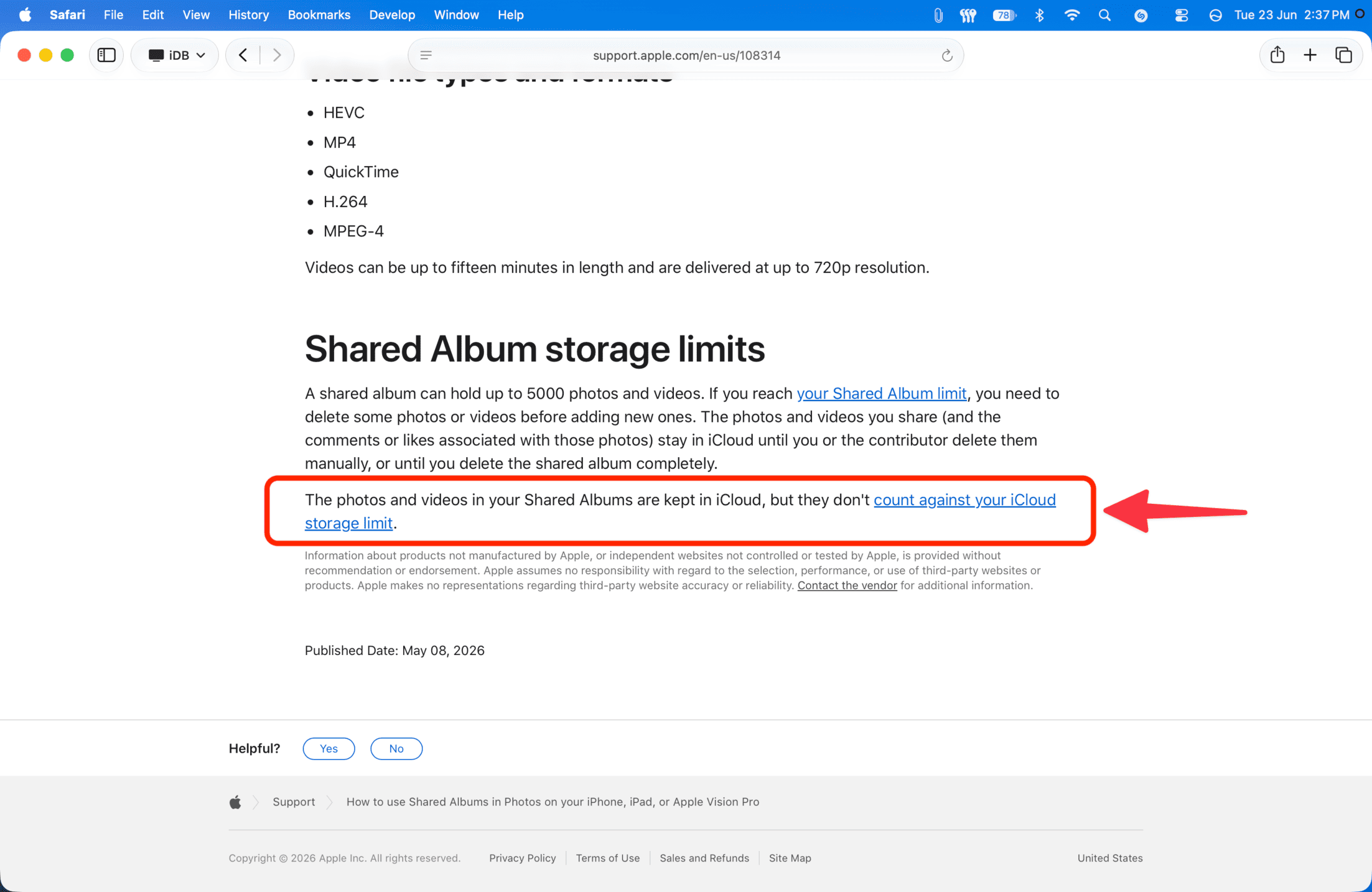Shared Album storage limits on Apple website