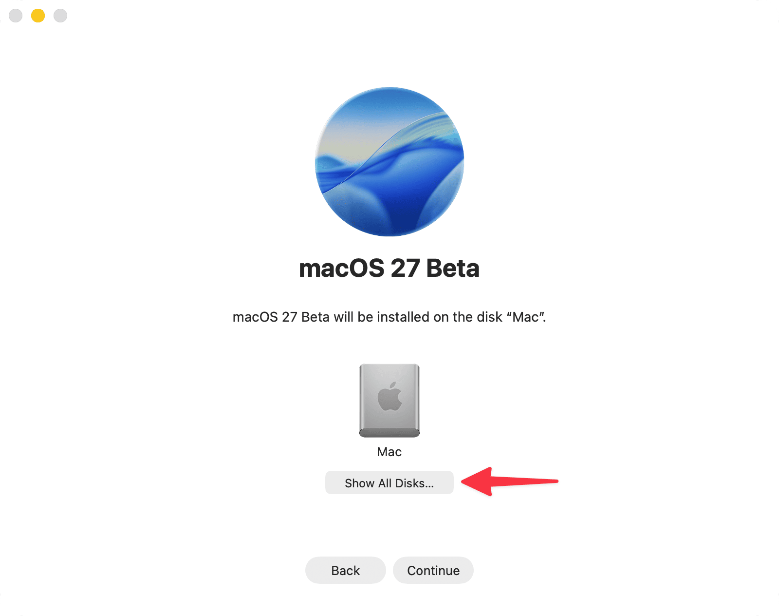 Show All Disks on macos 27 installer screen