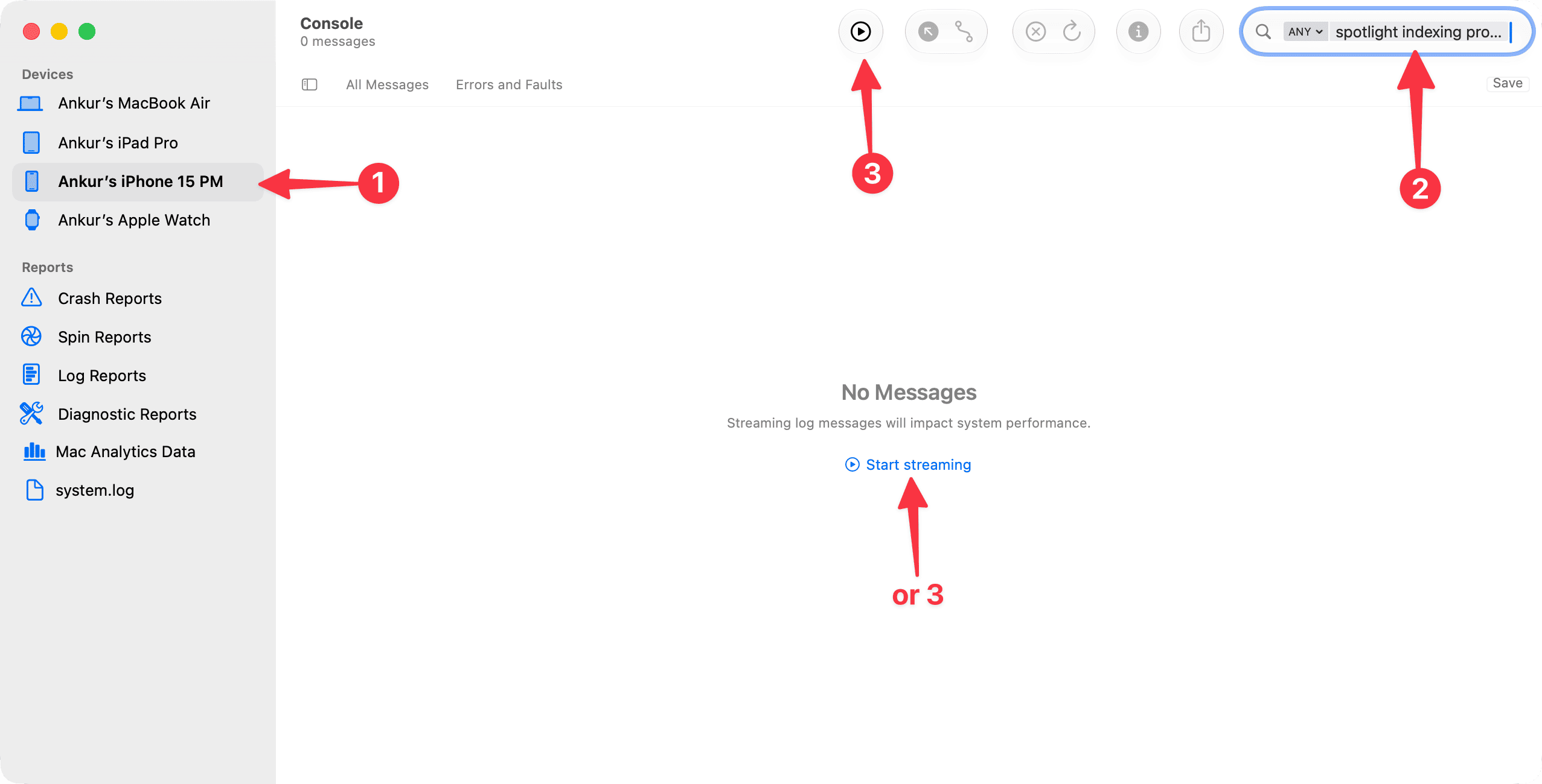 Start spotlight indexing progress in Console app on Mac