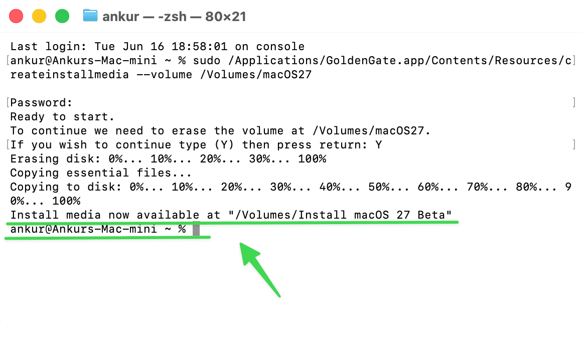 Successfully created bootable USB installer for macOS 27 Golden Gate