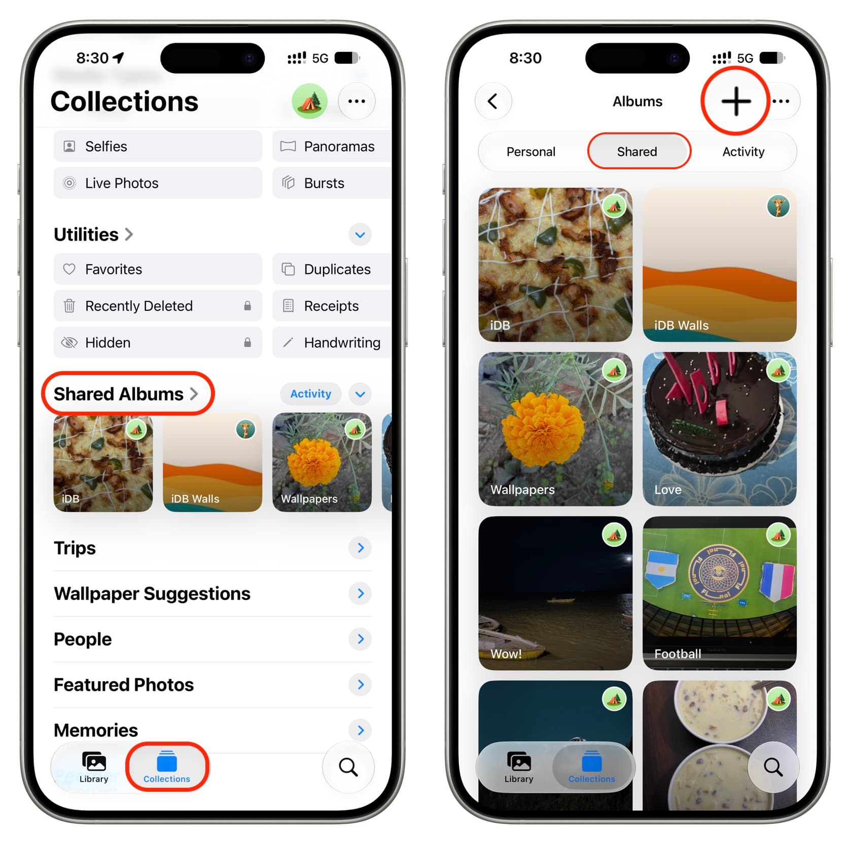 Tap iOS 27 Shared Albums and then tap plus button on iPhone