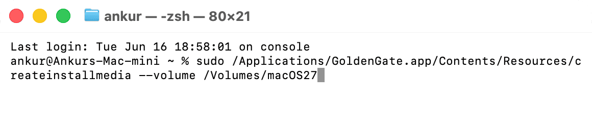 Terminal command to create macOS 27 Golden Gate USB bootable installer