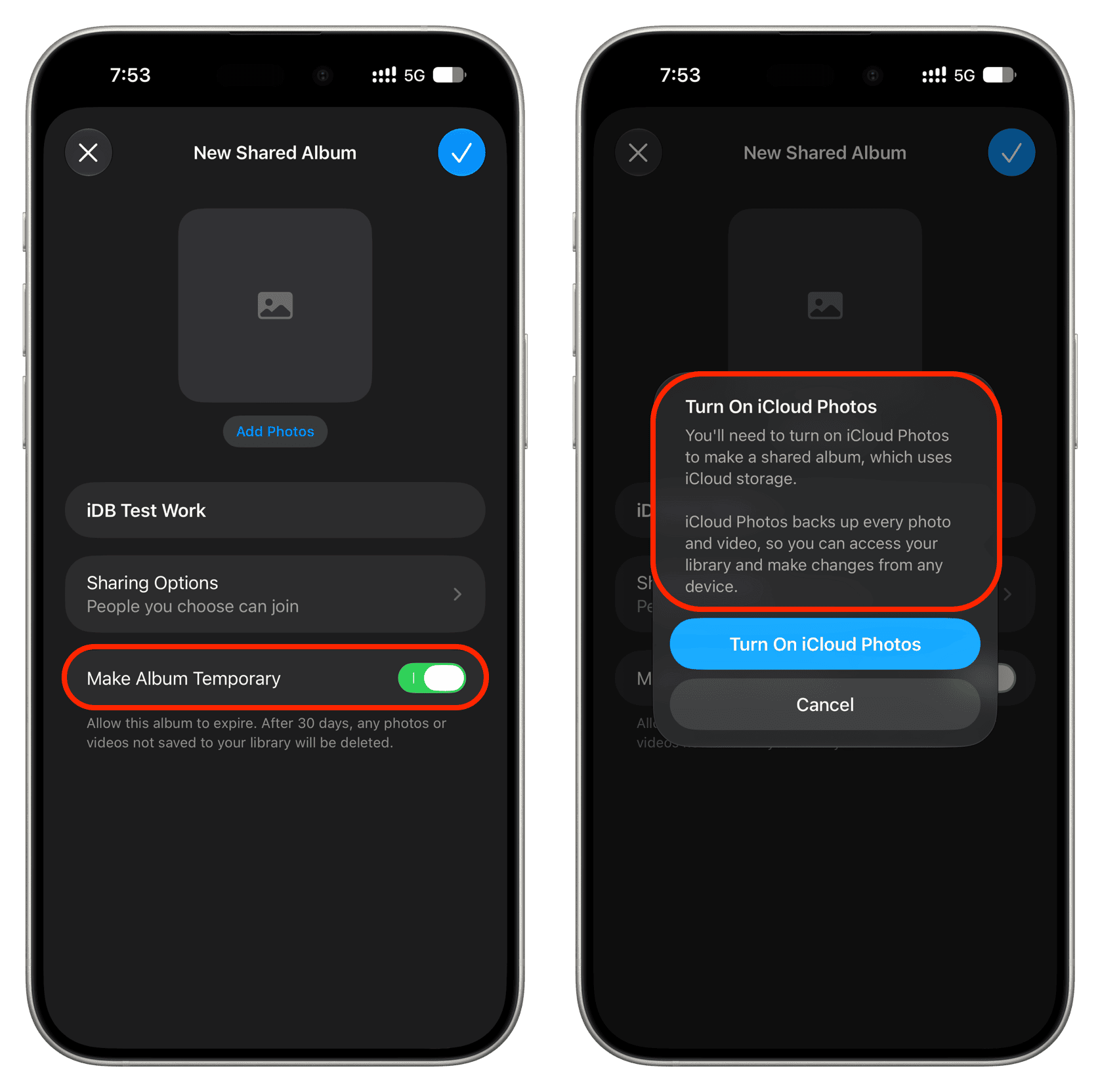 Turn on iCloud Photos to make permanent iCloud shared album
