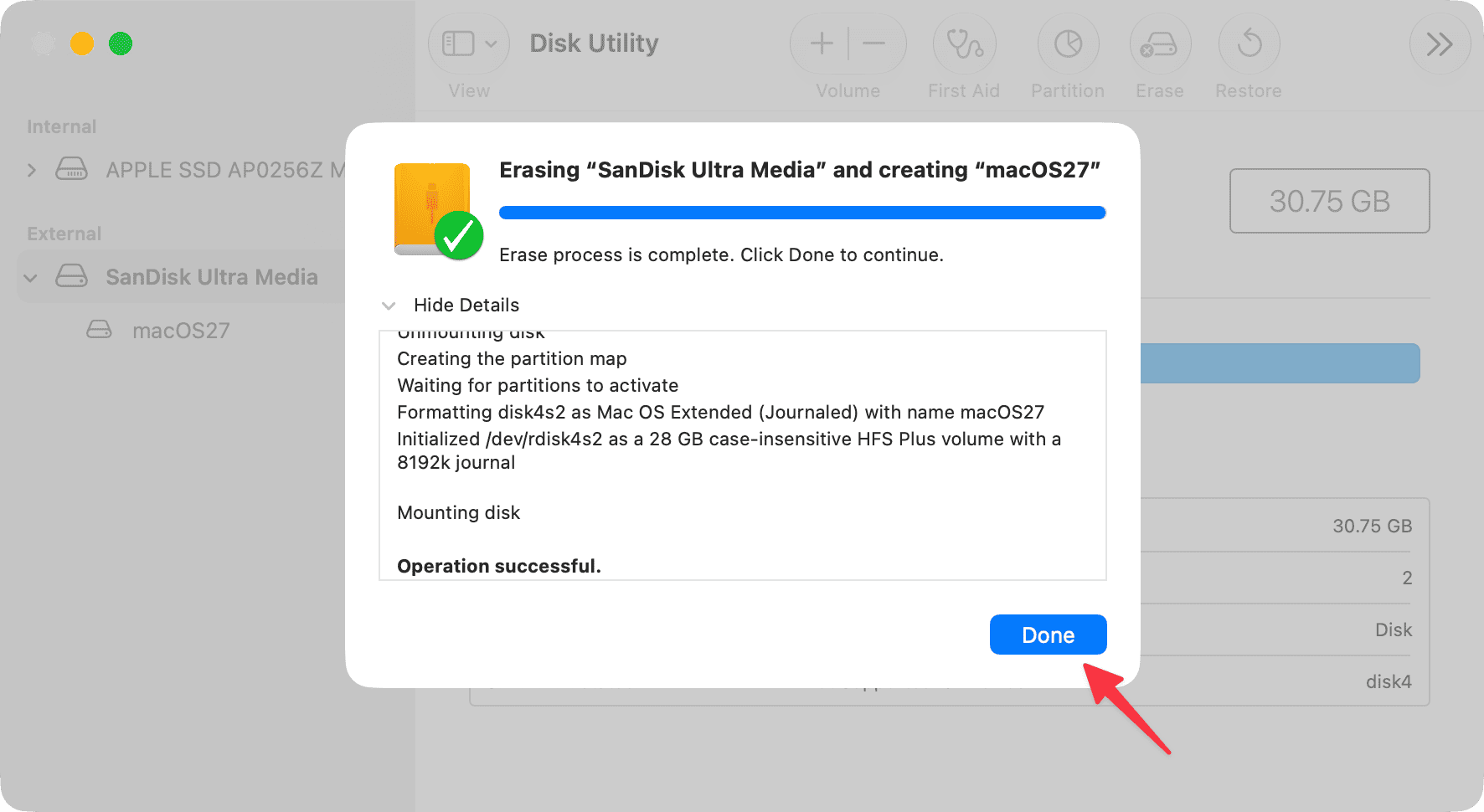 USB disk erased successfully in Mac Disk Utility