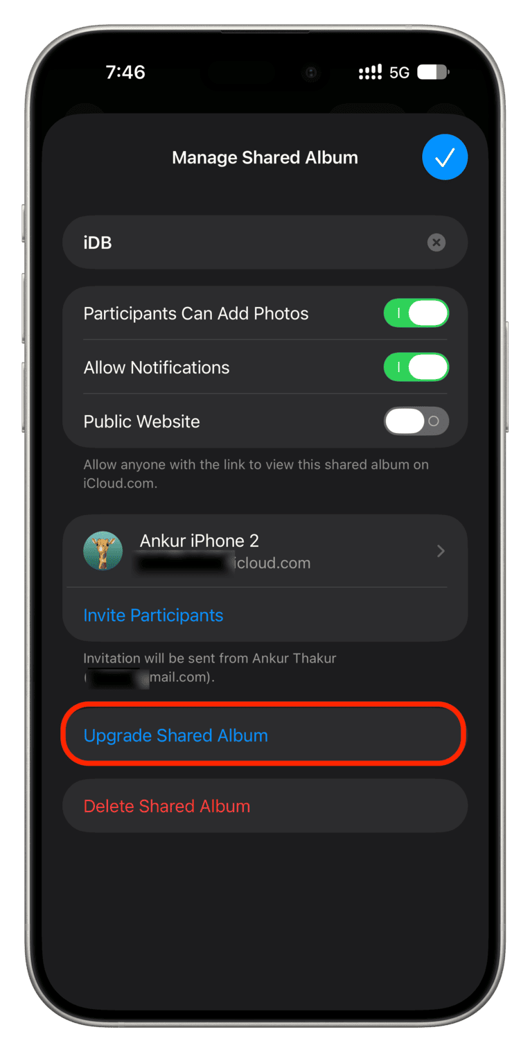 Upgrade Shared Album highlighted in iPhone Photos app