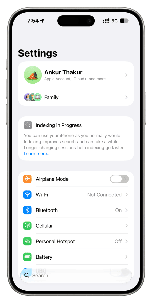 iPhone Settings app showing Indexing in Progress on iOS 27