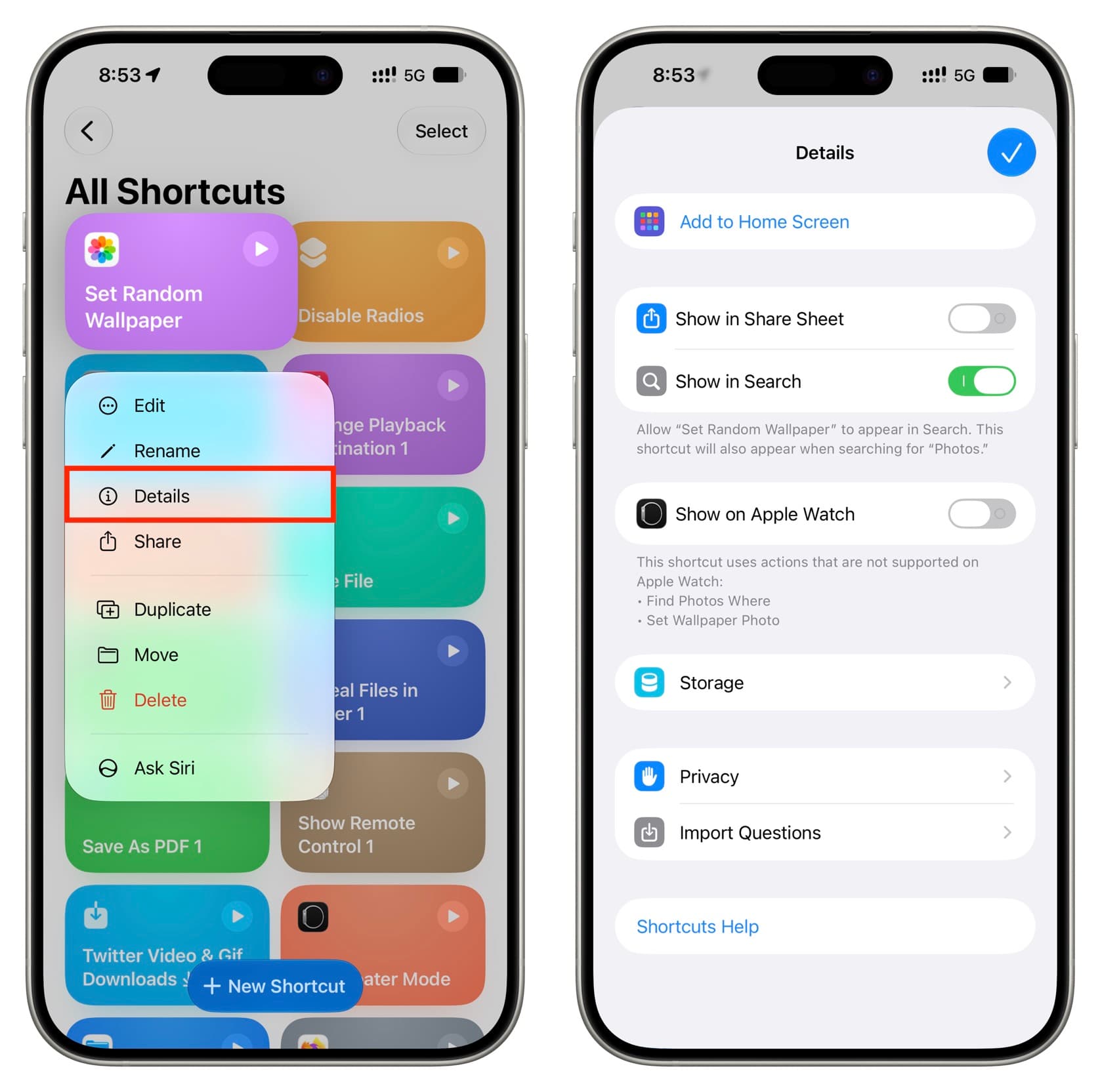 long pressing iphone shortcut and tapping details