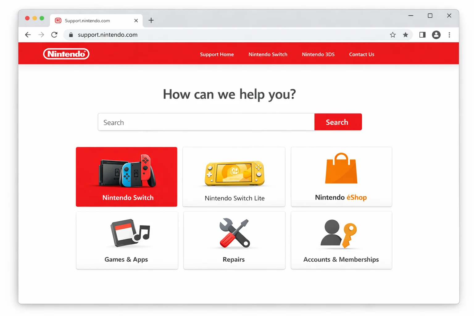 Nintendo Support homepage showing the search bar and Nintendo Switch support category, so readers can find official help