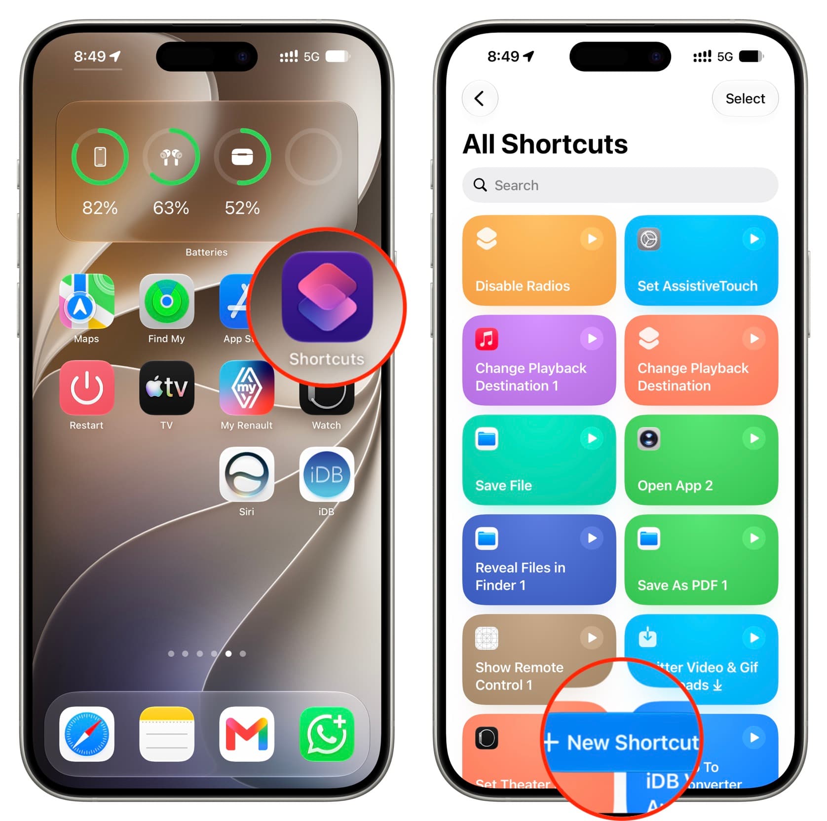 opening ios 27 shortcuts app and tapping new shortcut on iphone